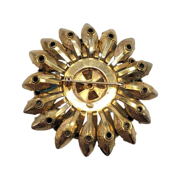 Vtg Floral Starburst Teal and Clear Rhinestone Brooch Pin Gold Tone Statement - Picture 8 of 9